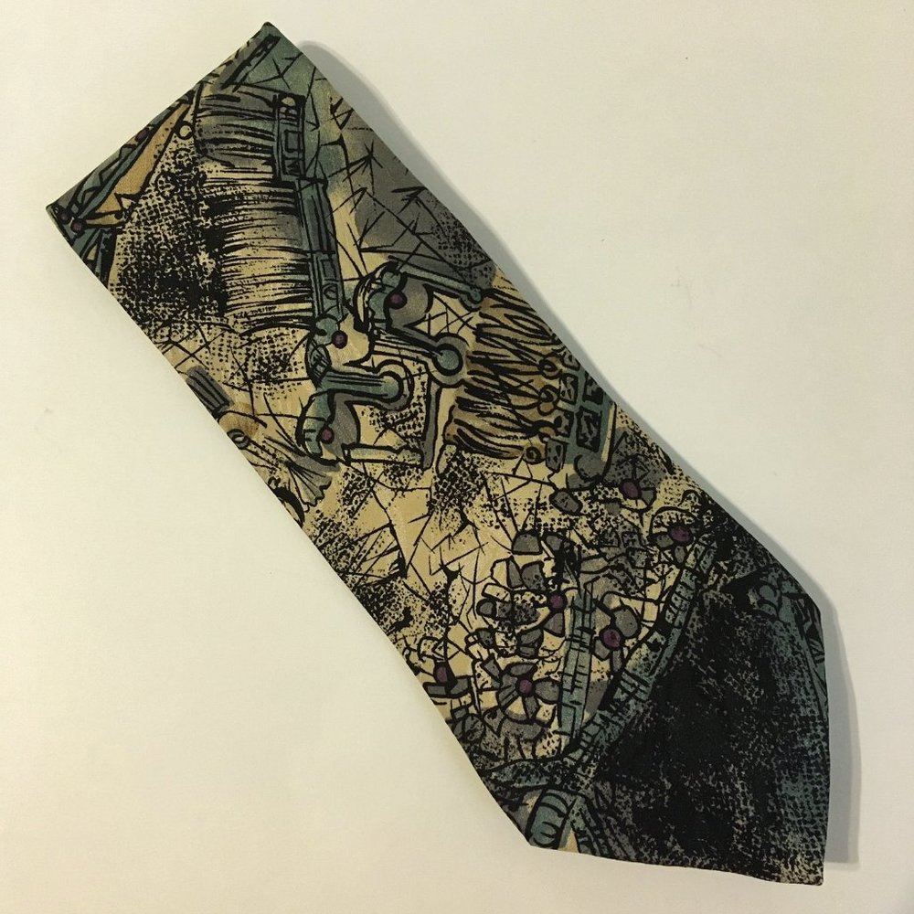 Tie J Blades & Co 100% Silk Abstract Mens Hand Made Carmel-By-The-Sea Tan Green